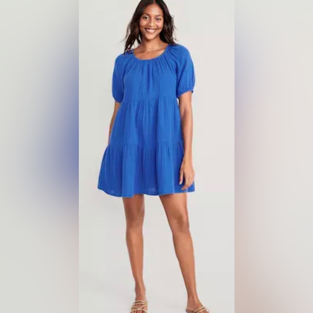 Royal blue tiered dress with pockets.